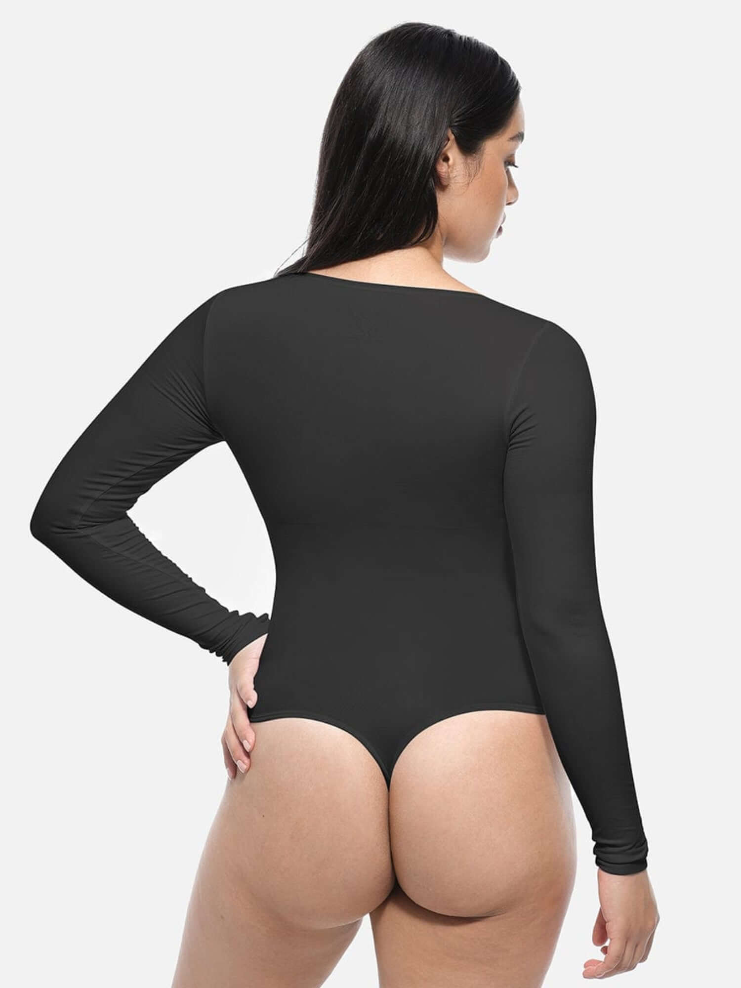 long sleeve body shaper black long-sleeve crew-neck bodysuit with light tummy control and breathable stretch fit