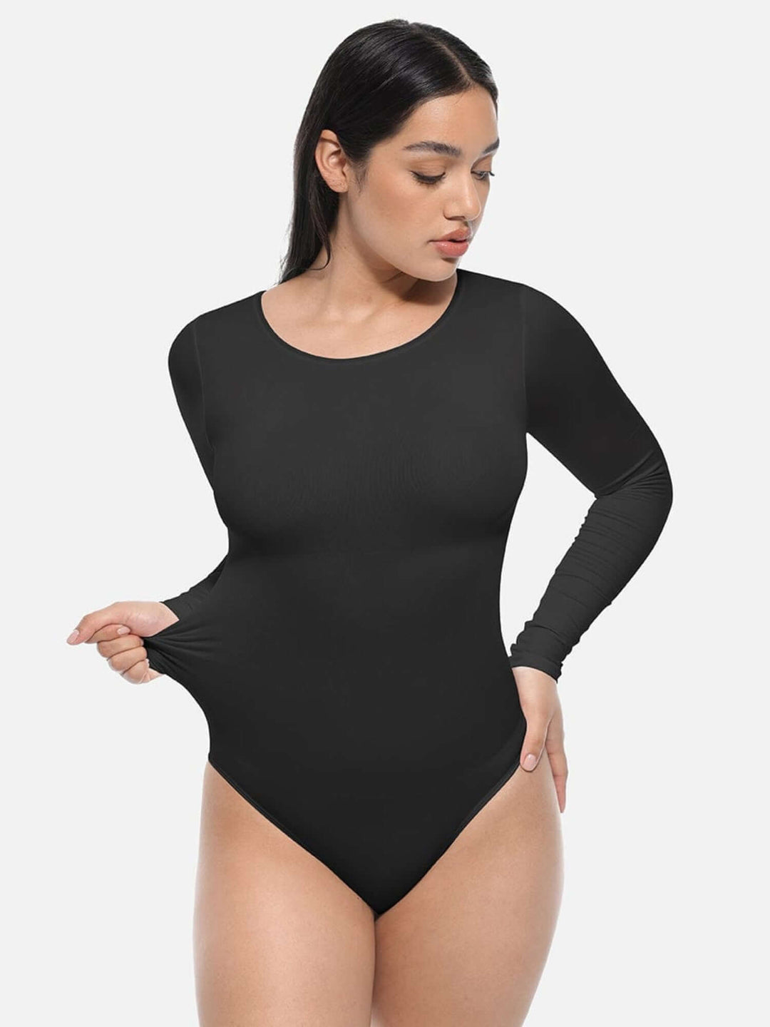 long sleeve body shaper black crew neck bodysuit with light tummy control and stretch fit for all-day comfort