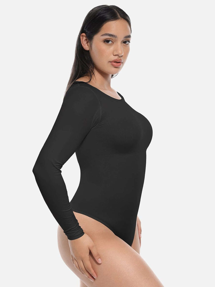 long sleeve body shaper black crew neck bodysuit with light tummy control for a smooth, flattering fit