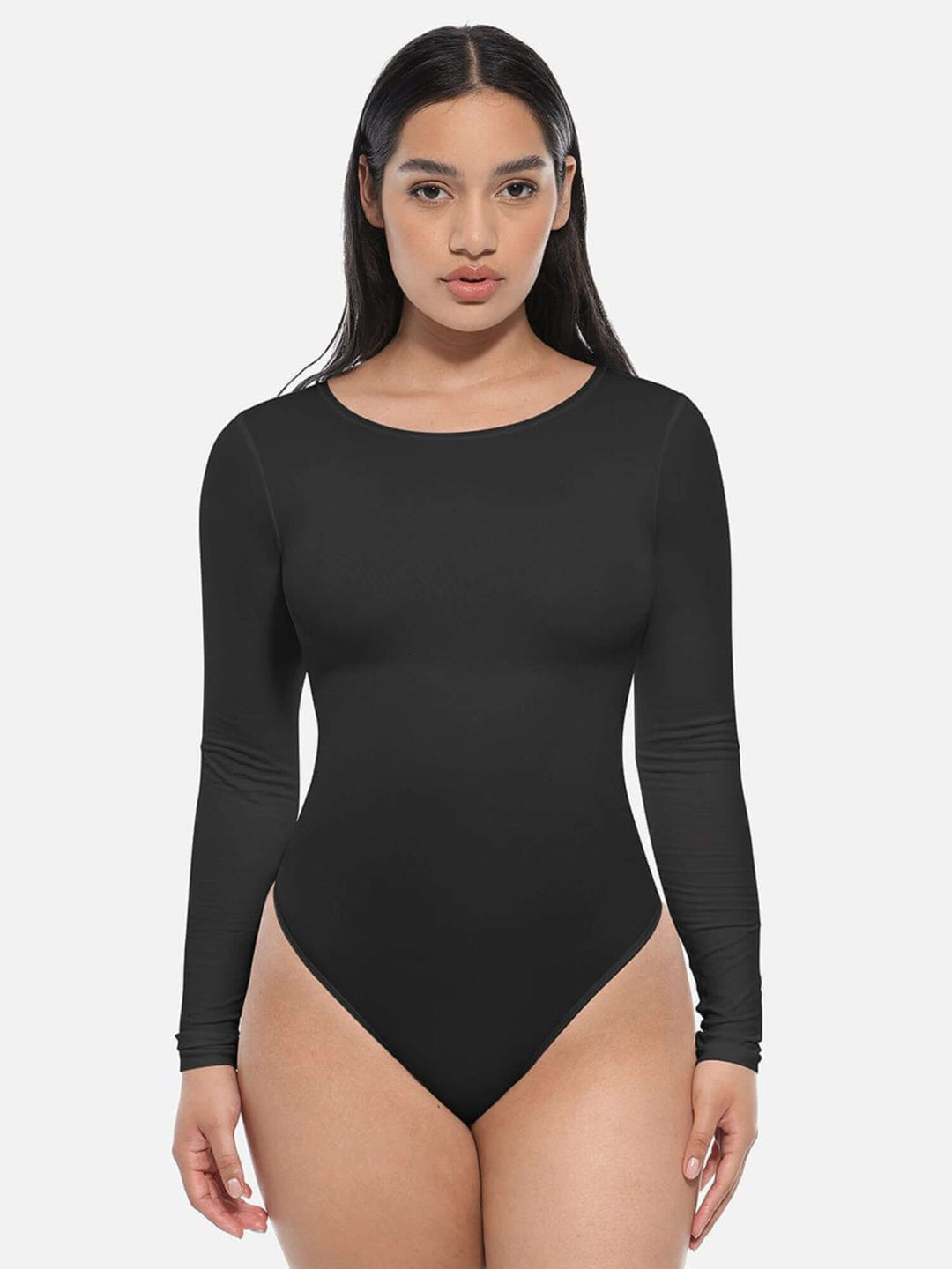 Long sleeve body shaper black long-sleeved crew-neck bodysuit with light tummy control for a smooth, flattering fit