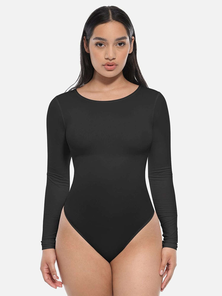 Long sleeve body shaper black long-sleeved crew-neck bodysuit with light tummy control for a smooth, flattering fit