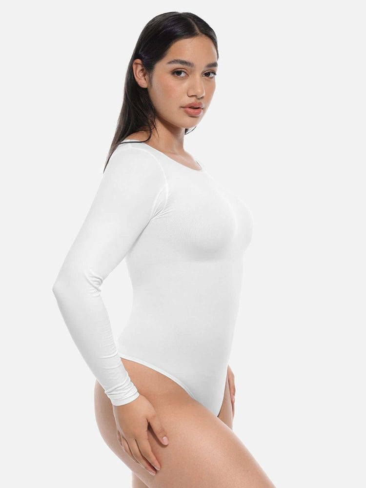 Long sleeve body shaper white crew neck bodysuit with light tummy control and smoothing fit for all-day wear
