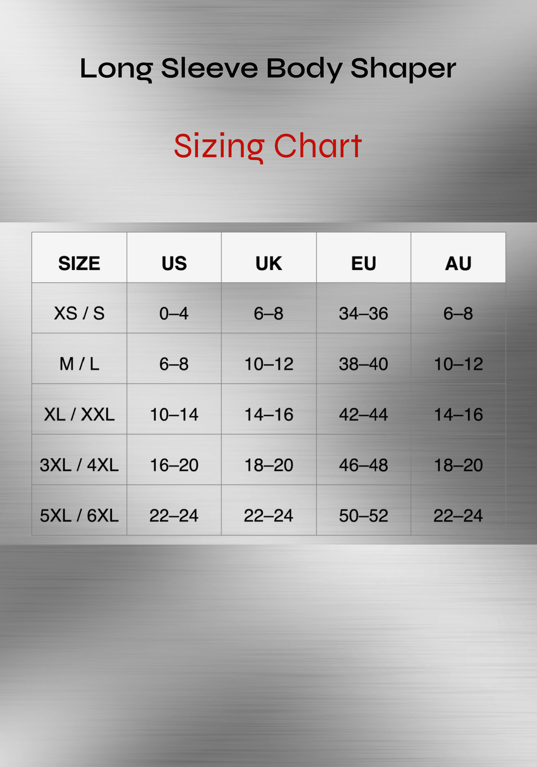 Long sleeve body shaper sizing chart with US, UK, EU, and AU size conversions for XS/S to 5XL/6XL