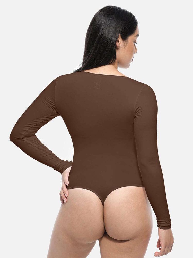 long sleeve body shaper brown long-sleeve crew-neck bodysuit with light tummy control and smoothing fit