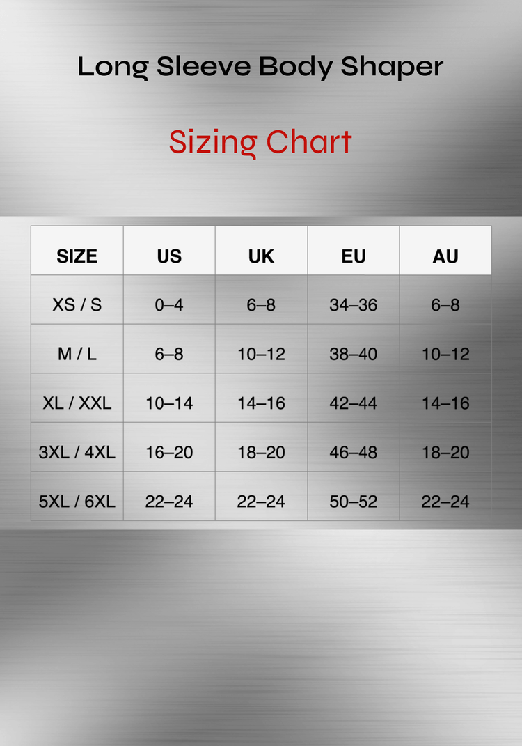 Long sleeve body shaper sizing chart with US, UK, EU, and AU size conversions for XS/S to 5XL/6XL