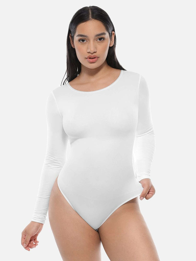 Long sleeve body shaper with crew neck, light tummy control, and smooth stretch fit for all-day comfort