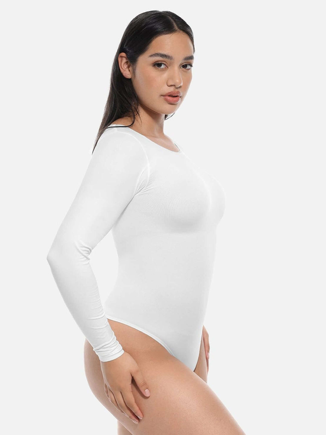 Long sleeve body shaper white crew neck bodysuit with light tummy control and smoothing fit for all-day wear