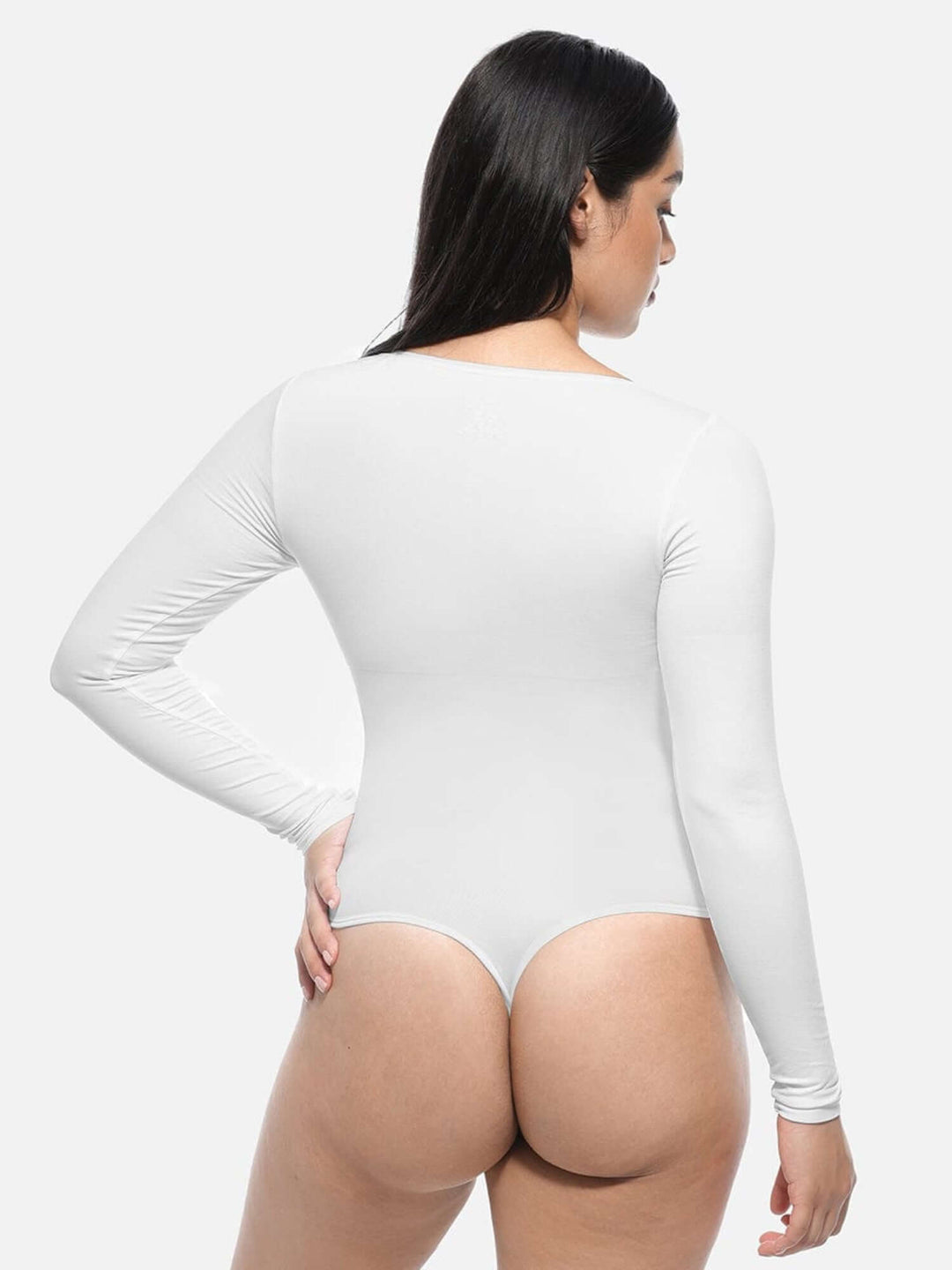 long sleeve body shaper white crew neck bodysuit with light tummy control and smooth slimming fit