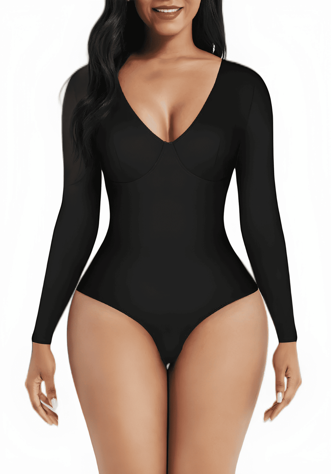 long sleeve v-neck bodysuit in black with sculpting fit, ultra deep V-neckline, long sleeves, and thong styling