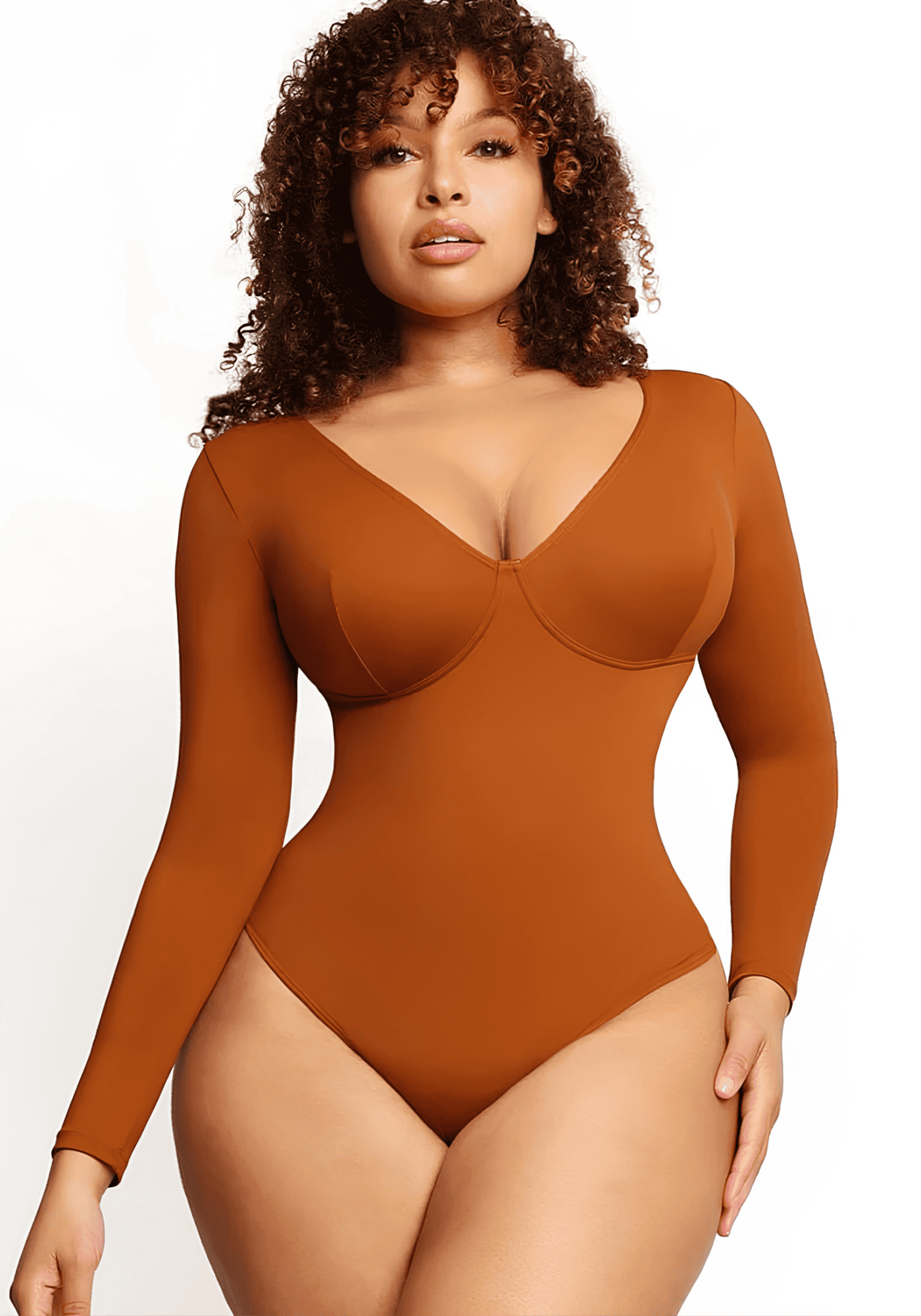 long sleeve v-neck bodysuit sculpting, ultra deep V-neck, long sleeve thong bodysuit in rust for smooth everyday layering