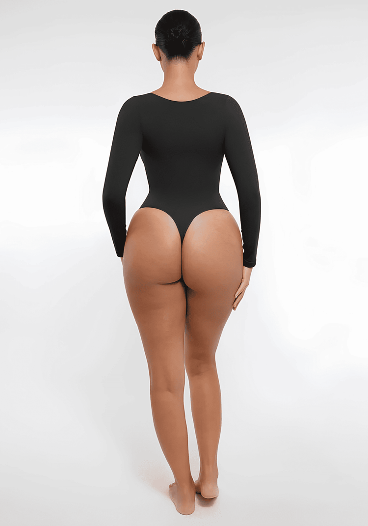 long sleeve sculpting bodysuit with seamless sculpting fit, smooth back view, and waist support for everyday layering