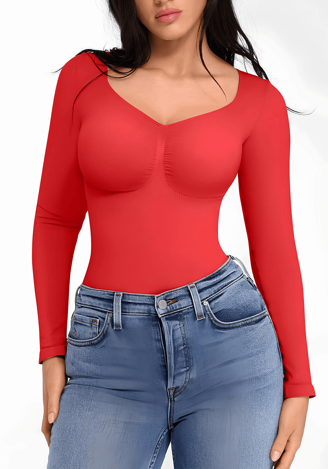 long sleeve sculpting bodysuit in red with seamless fit, waist shaping support, and smooth long-sleeve silhouette