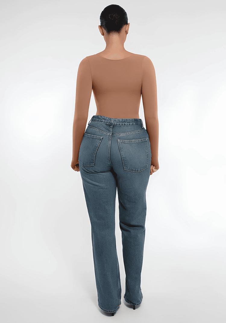long sleeve sculpting bodysuit with seamless long sleeves and smooth fit, shown from back for a sleek layered look