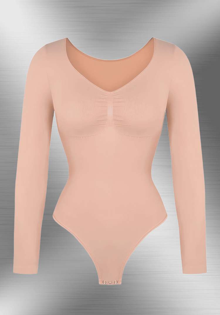 long sleeve sculpting bodysuit with seamless long sleeves, V-neck design, and waist-smoothing sculpting fit