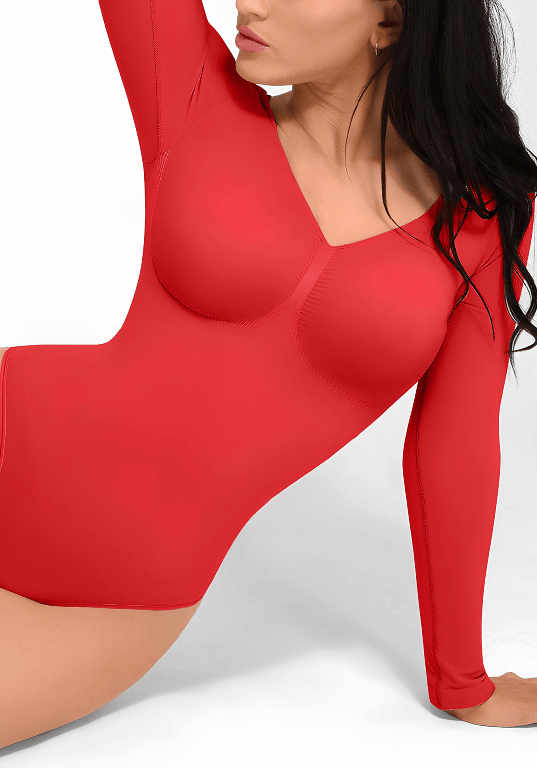 long sleeve sculpting bodysuit in red, seamless shaping bodysuit with long sleeves for smooth support and a flattering silhouette