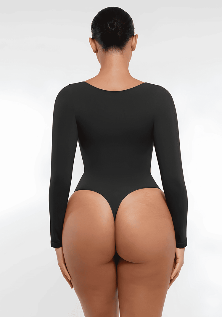 long sleeve sculpting bodysuit with seamless back view, waist shaping support, and smooth fit under clothing