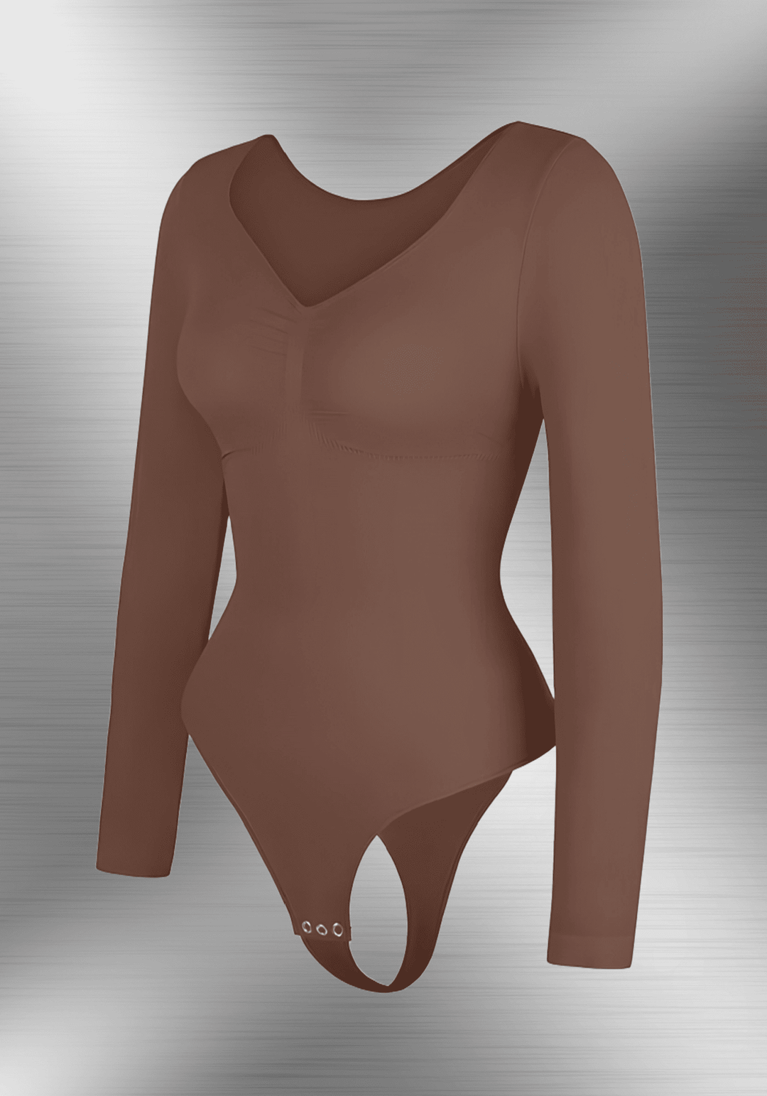 long sleeve sculpting bodysuit in brown, seamless long sleeve shapewear with V-neck and smooth waist-sculpting fit