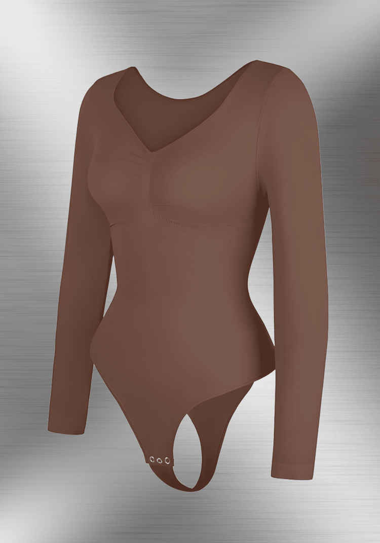 long sleeve sculpting bodysuit in brown, seamless long sleeve shapewear with V-neck and smooth waist-sculpting fit