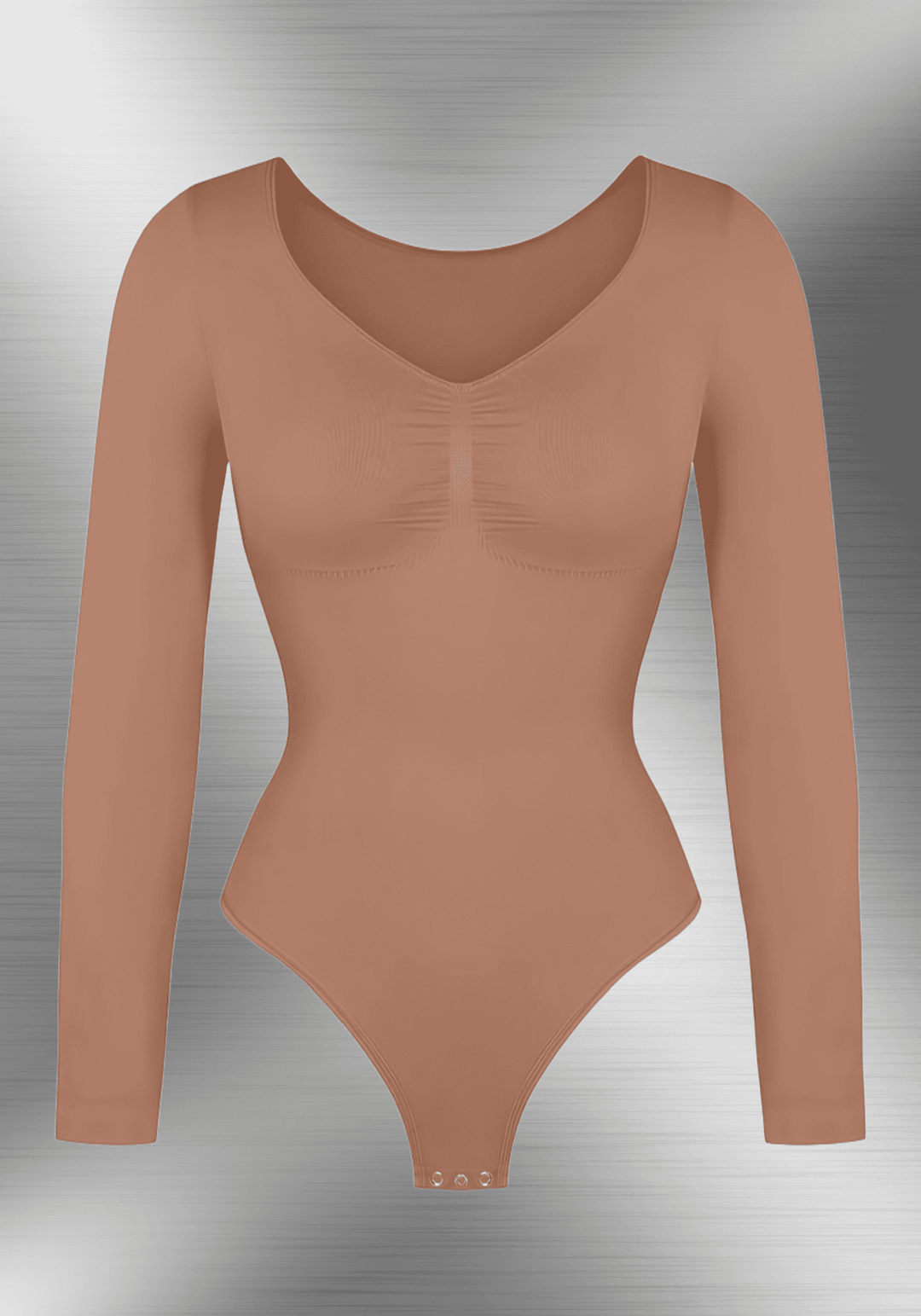 long sleeve sculpting bodysuit with seamless V-neck design for waist shaping, smooth layering, and everyday comfort