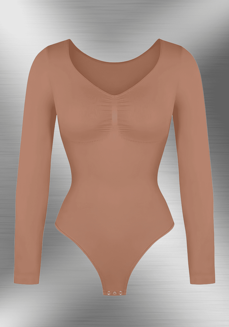 long sleeve sculpting bodysuit with seamless V-neck design for waist shaping, smooth layering, and everyday comfort