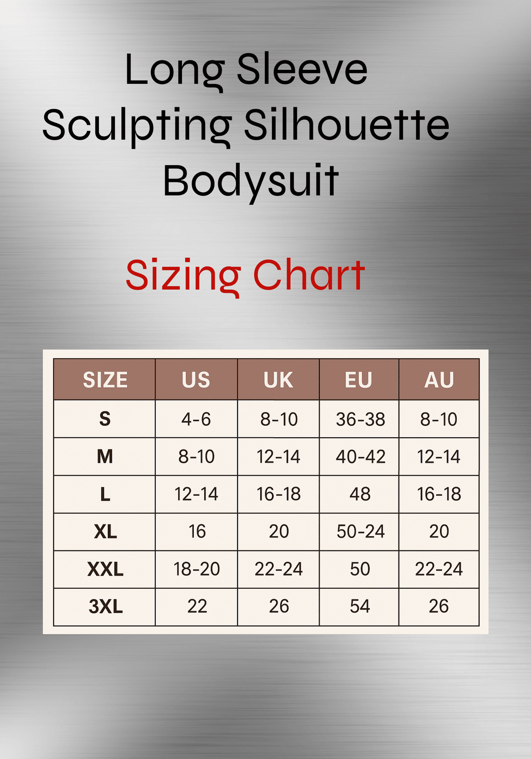Long sleeve sculpting bodysuit sizing chart with size conversions for US, UK, EU, and AU