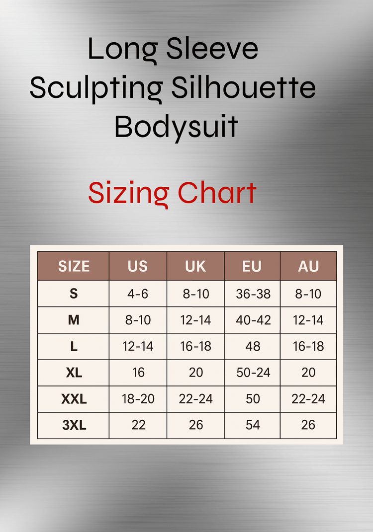 Long sleeve sculpting bodysuit sizing chart with size conversions for US, UK, EU, and AU