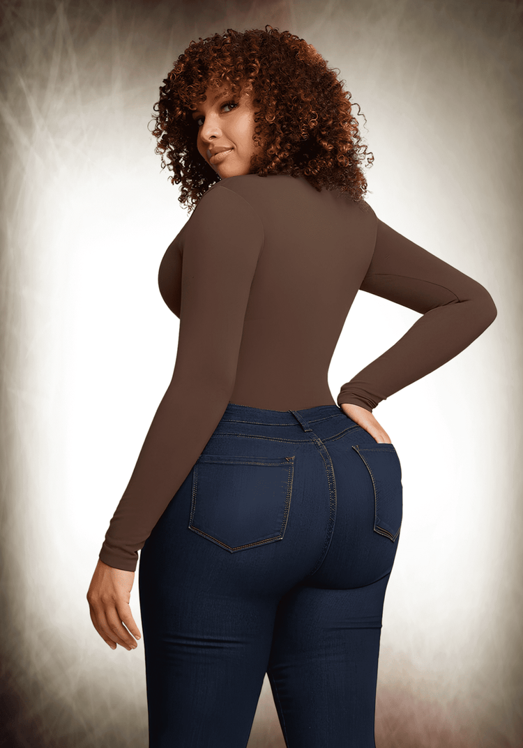 long sleeve shapewear bodysuit for women, scoop neck, smooth sculpting fit, long-sleeve seamless style