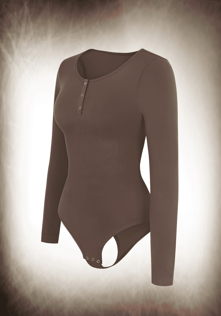 long sleeve shapewear bodysuit with scoop neck, slimming fit, and button detail for comfortable everyday support