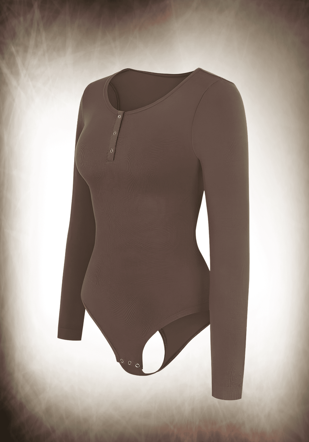 long sleeve shapewear bodysuit with scoop neck, slimming fit, and button detail for comfortable everyday support