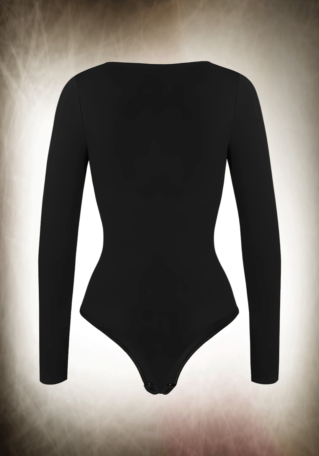 Black long sleeve shapewear bodysuit with scoop neck and slimming fit for smooth midsection support