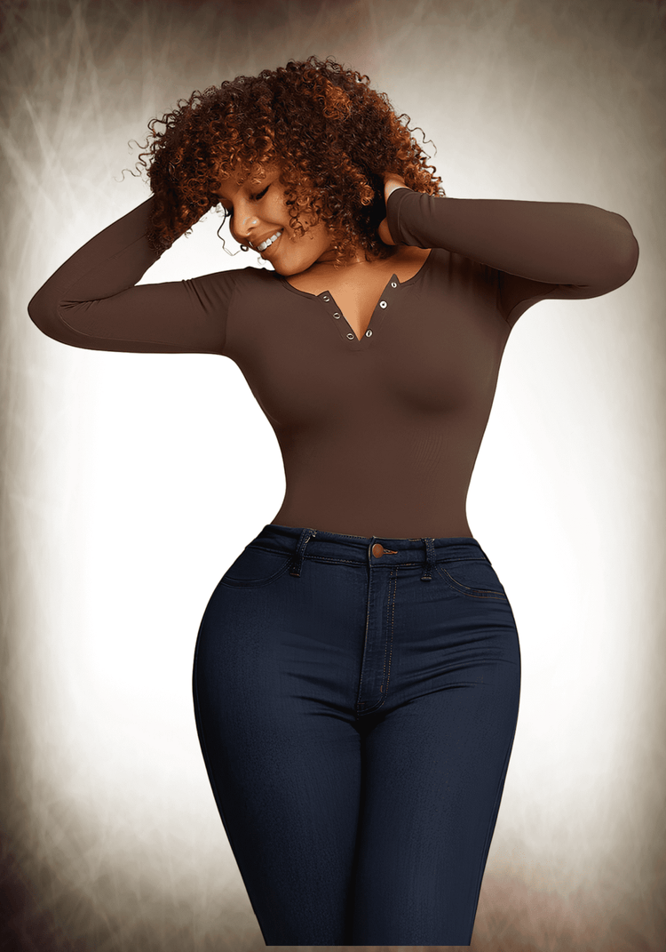long sleeve shapewear bodysuit with scoop neck, smooth fit, and tummy control for a sleek silhouette