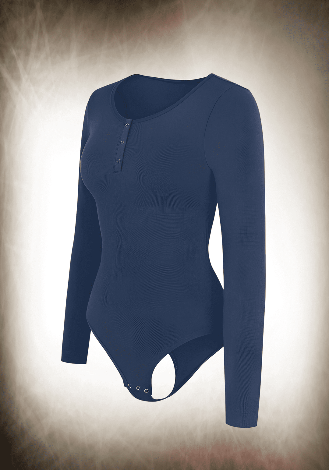 long sleeve shapewear bodysuit with scoop neck and button front, smoothing support for everyday wear