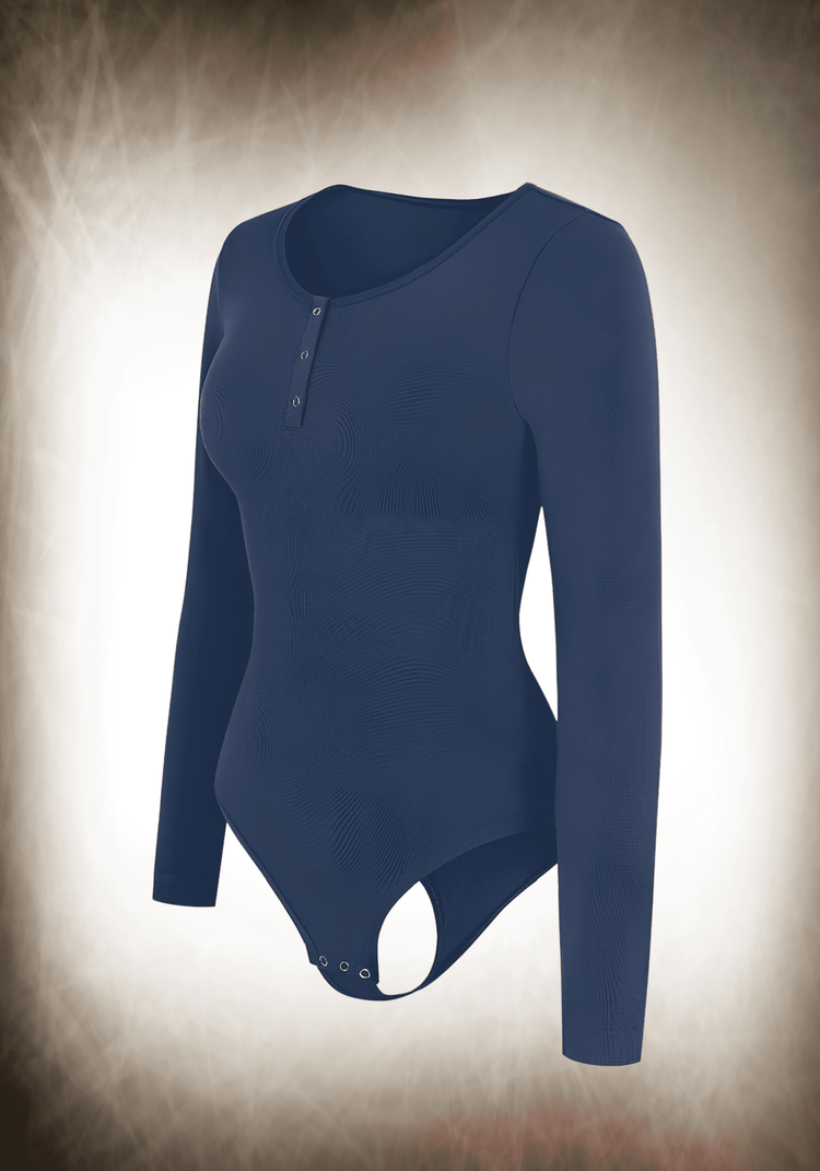 long sleeve shapewear bodysuit with scoop neck and button front, smoothing support for everyday wear