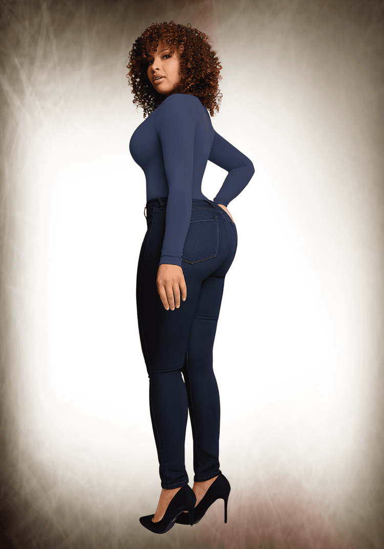 Long sleeve shapewear bodysuit for women, navy, flattering body shaping style with scoop neck and long sleeves