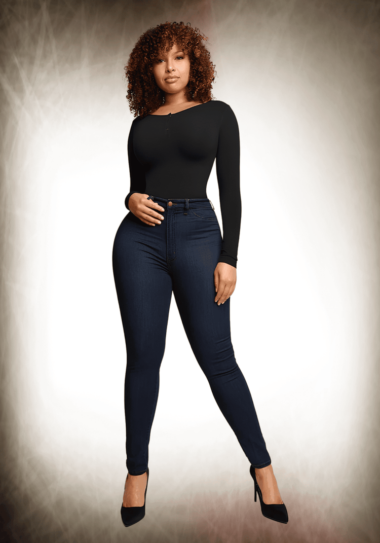 long sleeve shapewear bodysuit on woman with scoop neck design for smooth, supportive everyday shaping