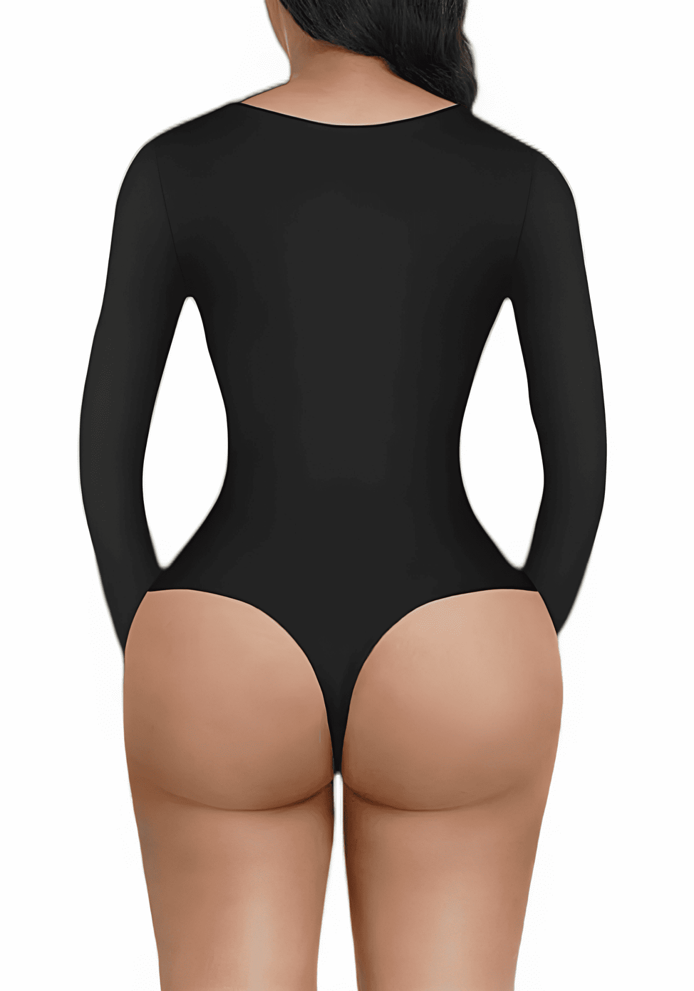 long sleeve v-neck bodysuit with ultra deep V-neck, long sleeves, and thong back for a sleek sculpting fit