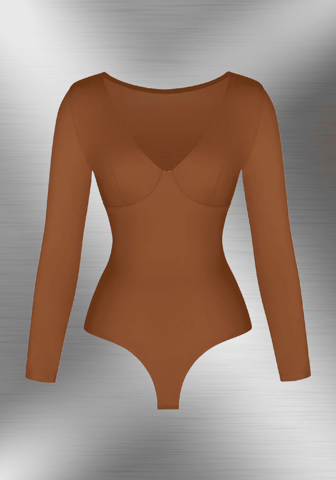 long sleeve v-neck bodysuit Sculpting | Ultra Deep V-Neck brown long sleeve bodysuit with sculpting fit and thong styling