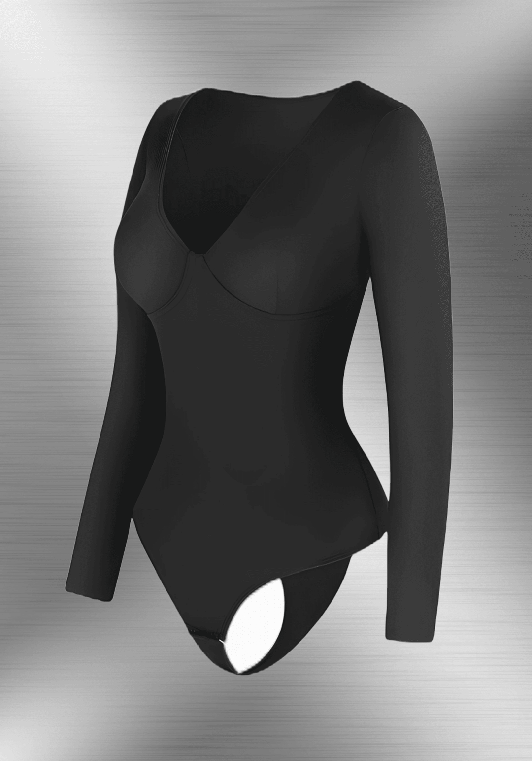 long sleeve v-neck bodysuit, black sculpting deep V-neck long sleeve thong bodysuit for smooth layering