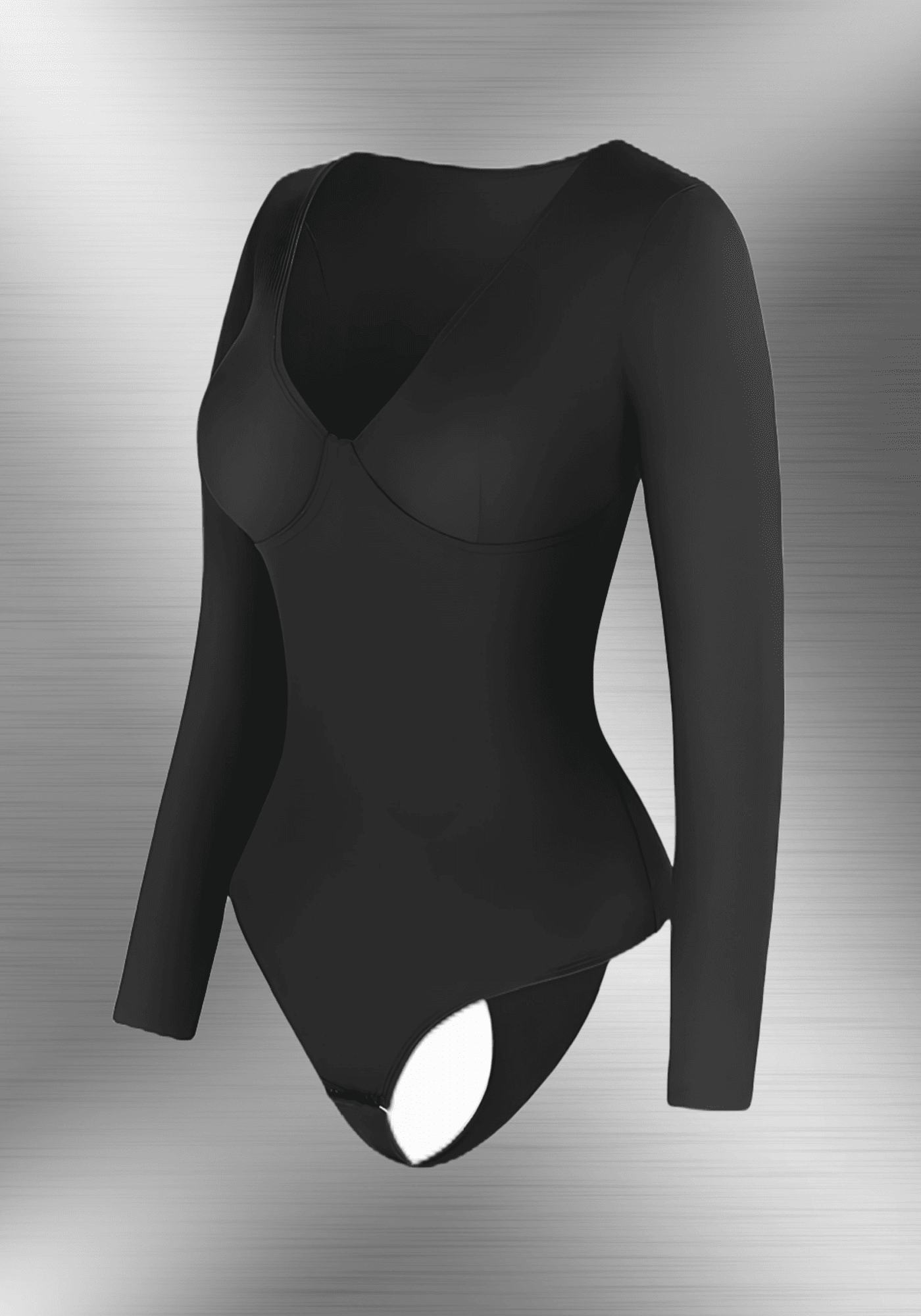 long sleeve v-neck bodysuit, black sculpting deep V-neck long sleeve thong bodysuit for smooth layering