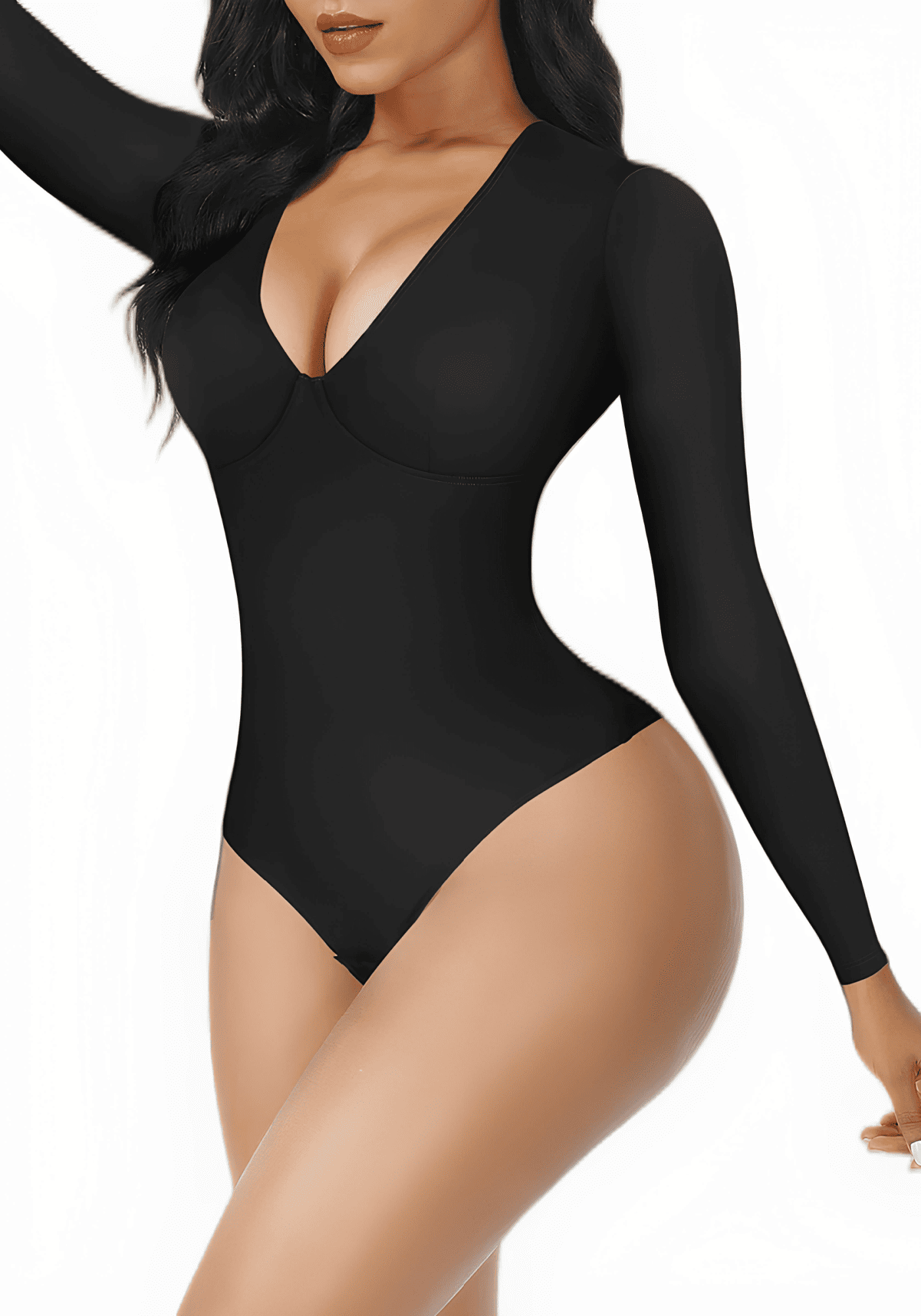 long sleeve v-neck bodysuit sculpting black ultra deep V-neck thong bodysuit for smooth layering and everyday comfort