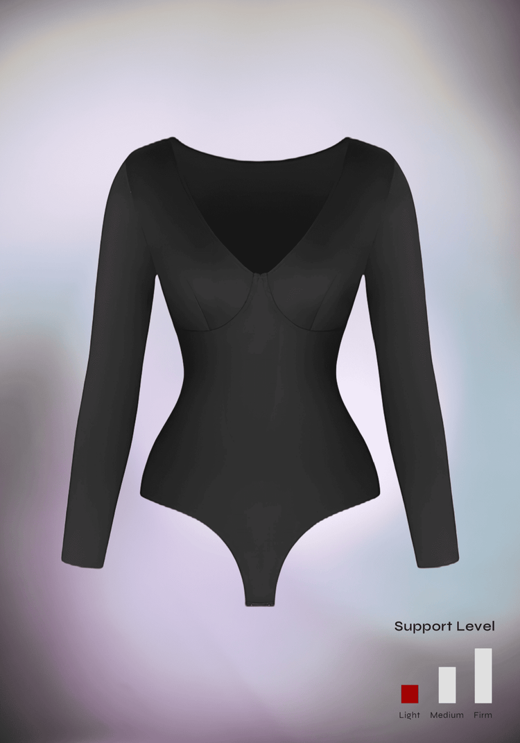 long sleeve v-neck bodysuit with ultra deep V-neck, sculpting fit and long sleeves for a smooth silhouette