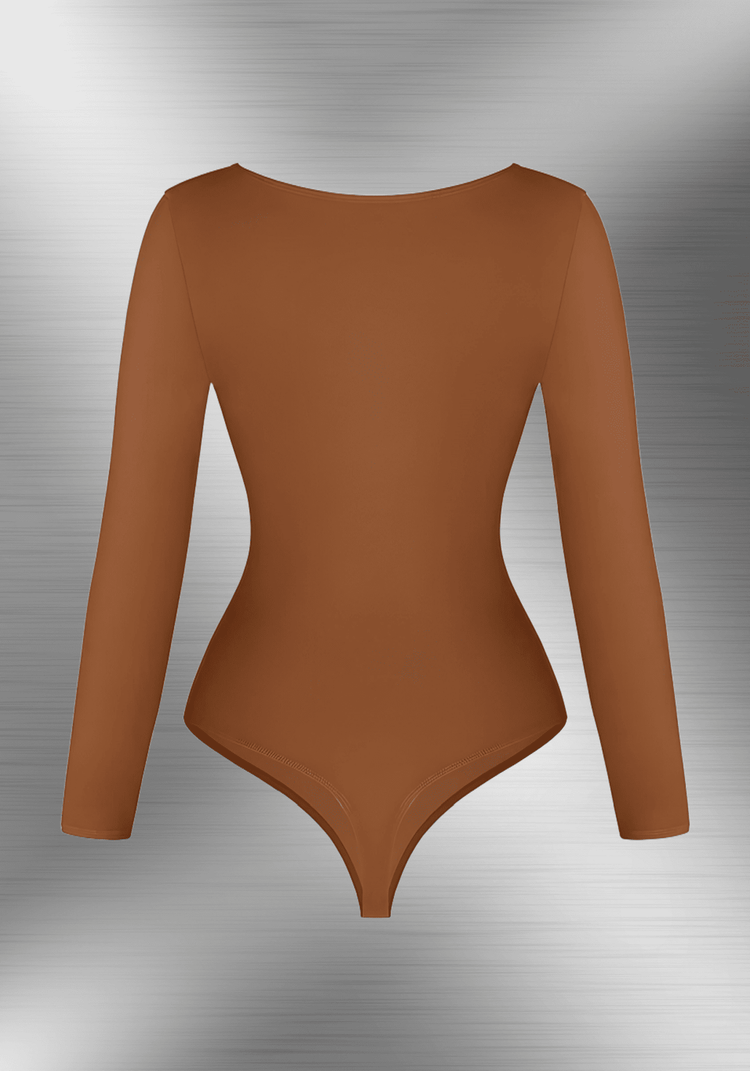 long sleeve v-neck bodysuit with deep V-neck, sculpting fit, long sleeves, and thong styling in brown