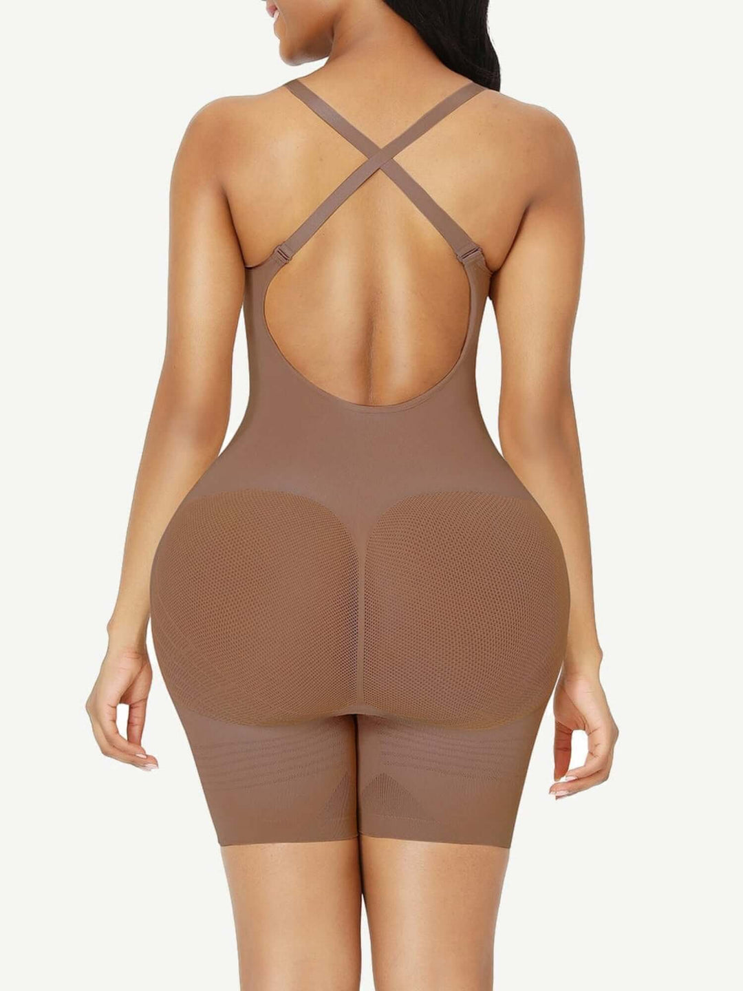 low-back seamless bodysuit sculpting shaper with open-back design, butt lifting support, waist slimming, and mid-thigh coverage