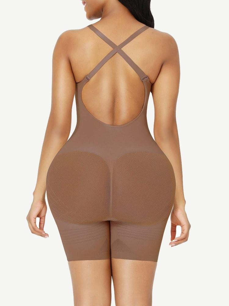low-back seamless bodysuit sculpting shaper with open-back design, butt lifting support, waist slimming, and mid-thigh coverage