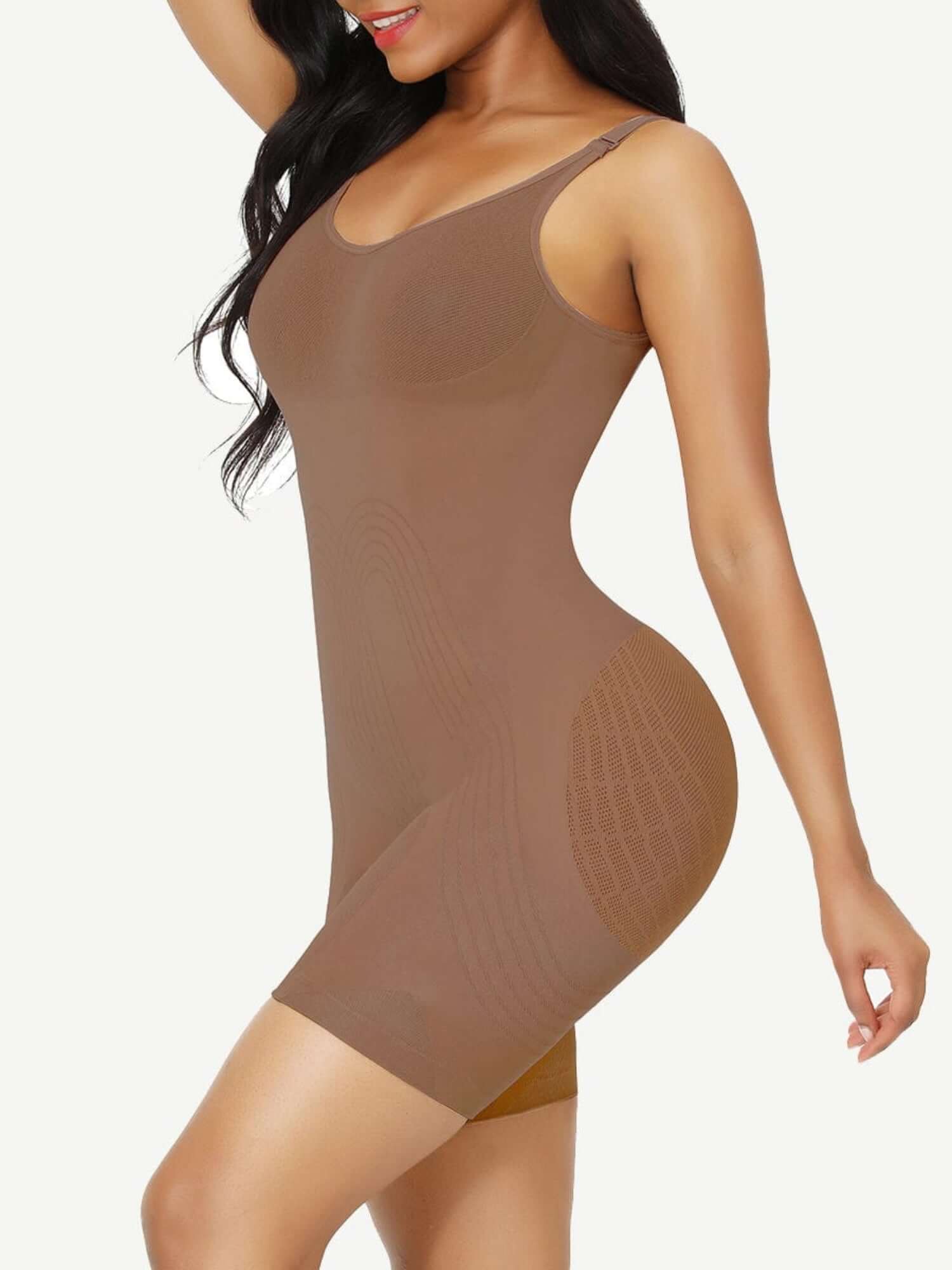 low-back seamless bodysuit shaping shaper for tummy control, waist slimming, and butt lifting, mid-thigh sculpting fit