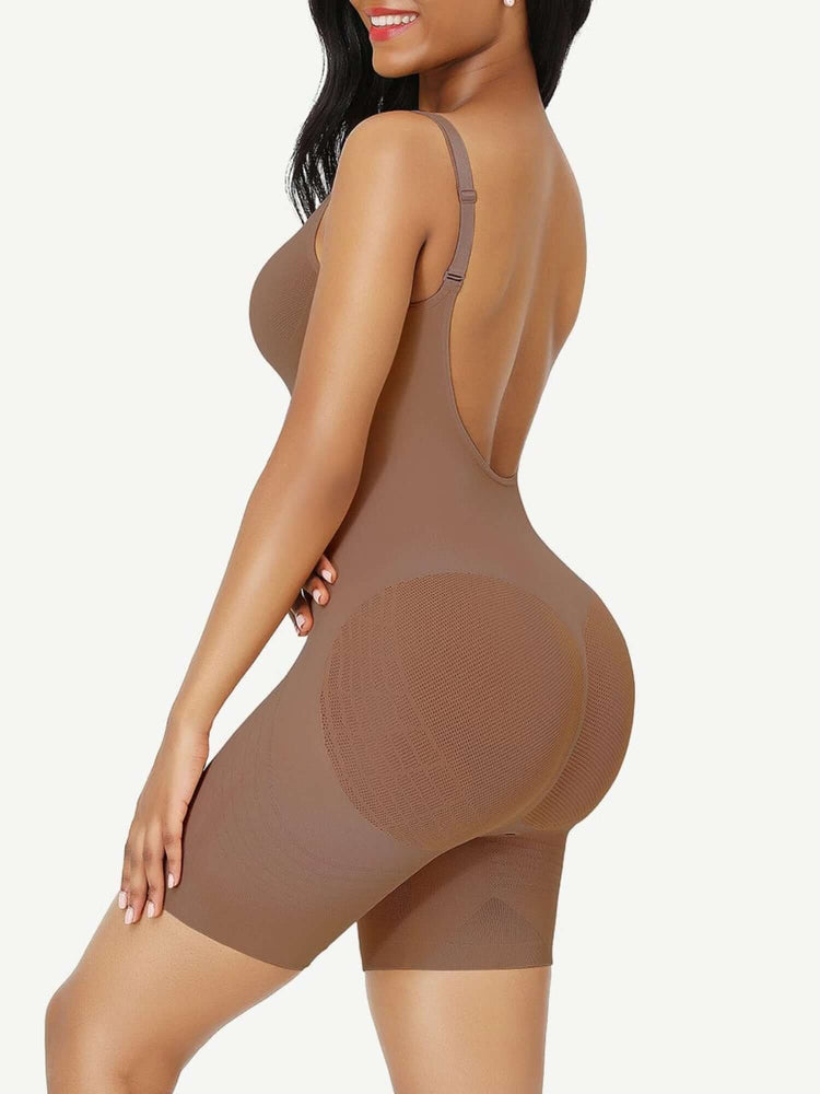 low-back seamless bodysuit sculpting shaper with butt lifting support, waist slimming fit, and mid-thigh coverage