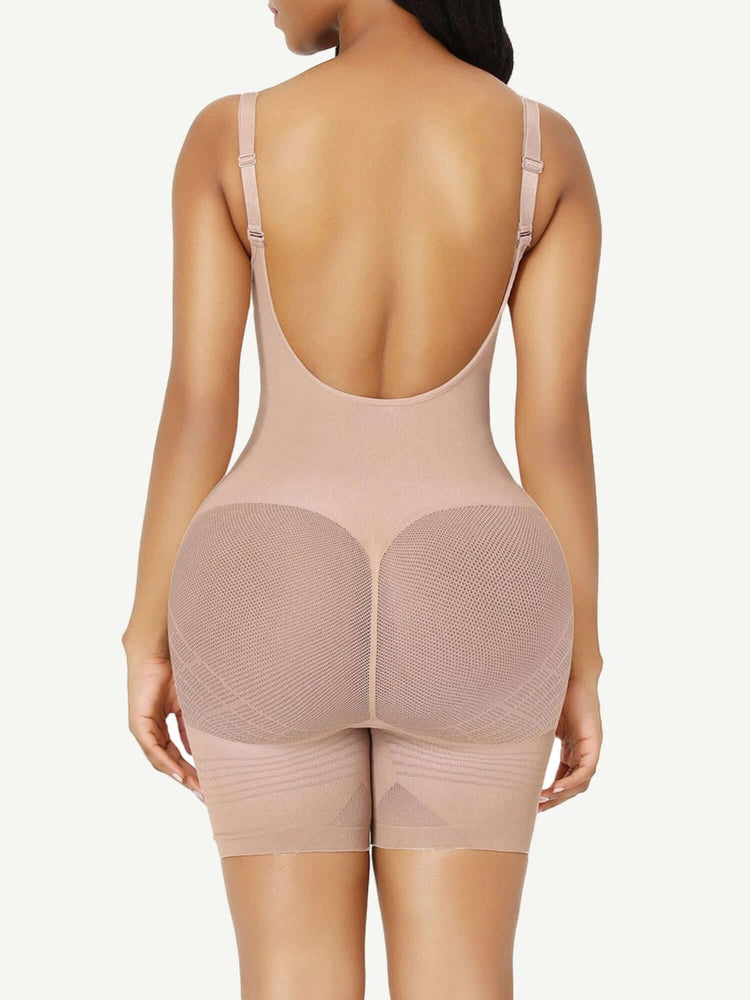 low-back seamless bodysuit with sculpting support, butt lifting, waist control, and mid-thigh shaping fit