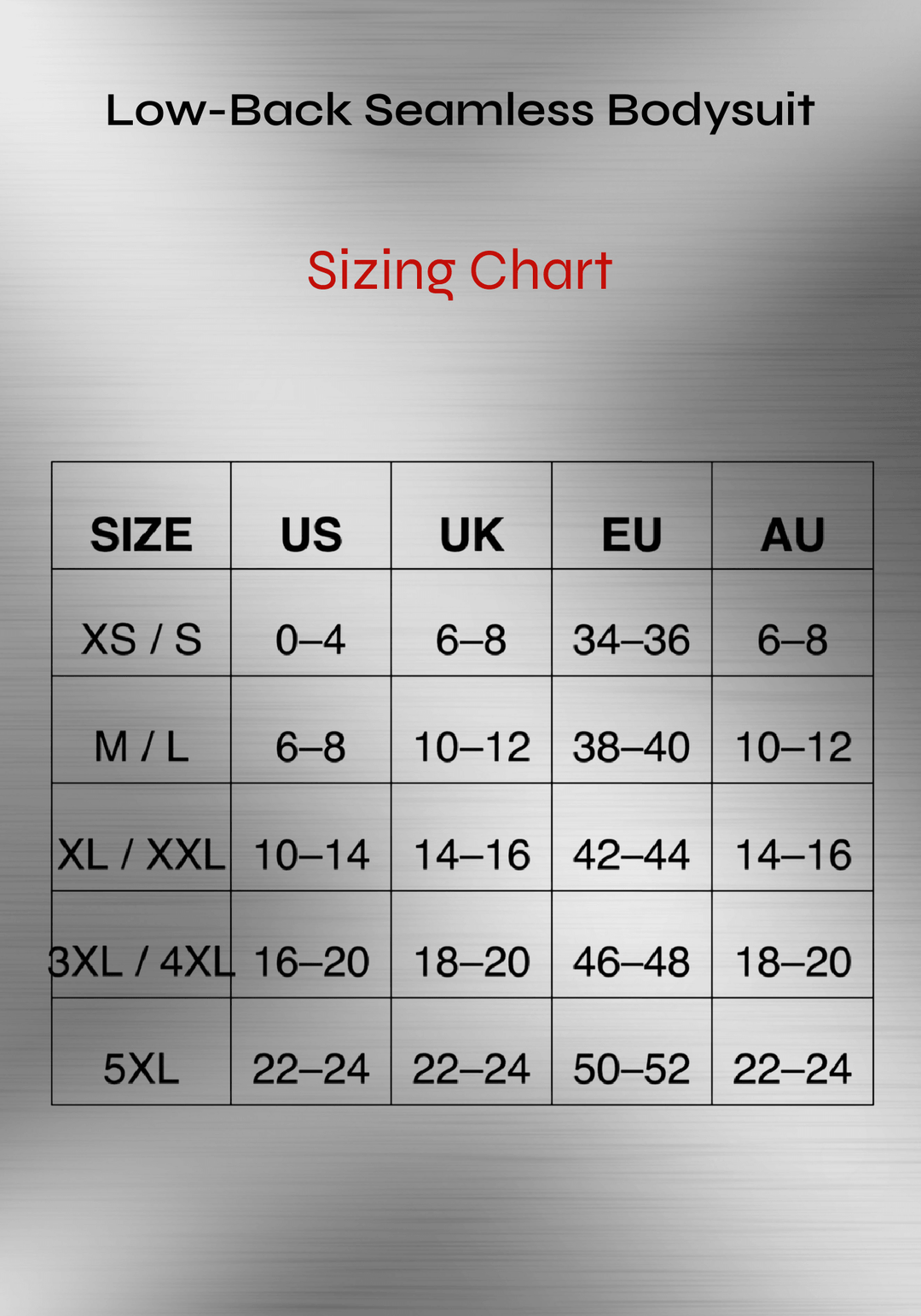 low-back seamless bodysuit sizing chart with US, UK, EU, and AU size guide