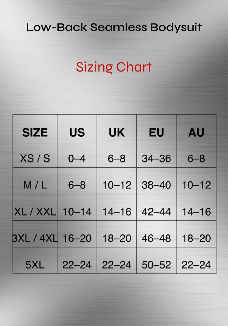 low-back seamless bodysuit sizing chart with US, UK, EU, and AU size guide