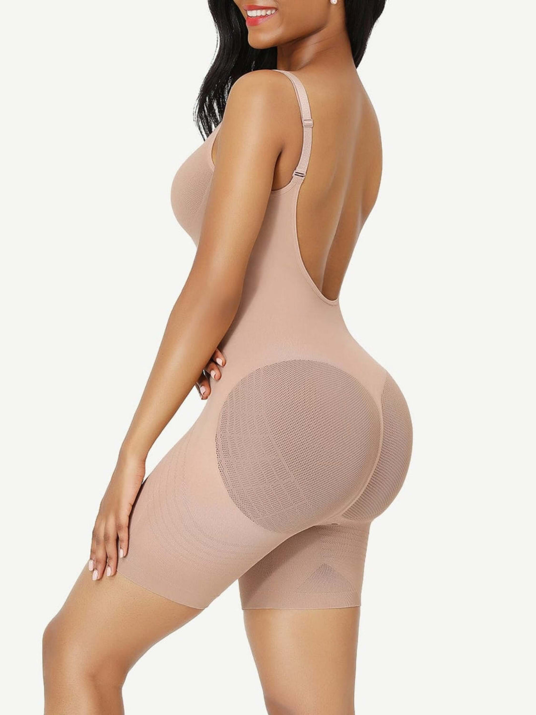 low-back seamless bodysuit sculpting shaper with butt lifting support, waist slimming, and mid-thigh contouring